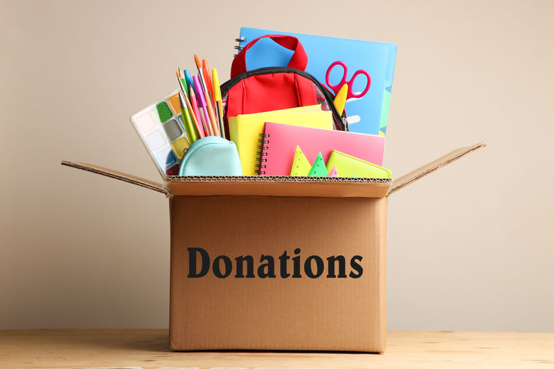 Box of donated school supplies