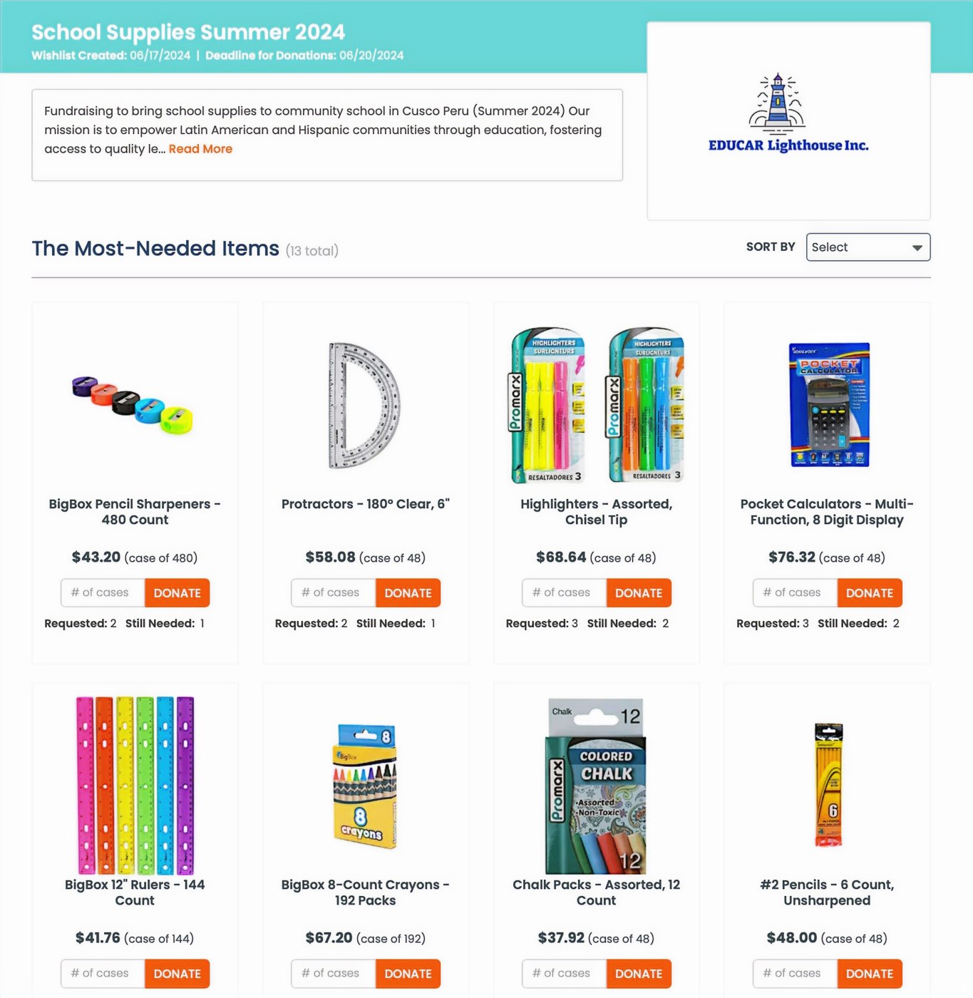 DollarDays wishlist of school supplies for the Summer 2024 fundraiser